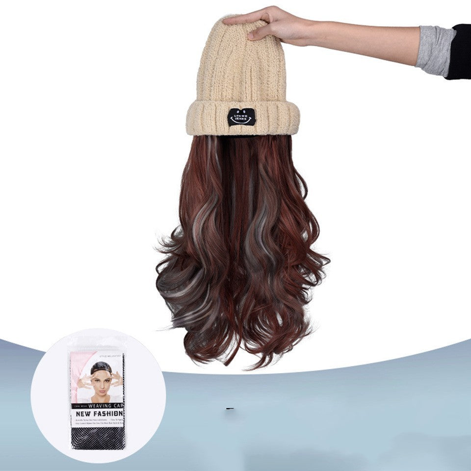 Autumn And Winter Fashion Beige Knit Pick Dye Gradient Long Curly Hair Hundred Take Wig Hat