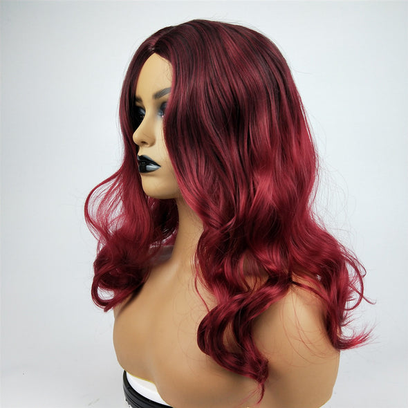 Wig Female Burgundy Long Curly Hair Big Wavy Gradient Color