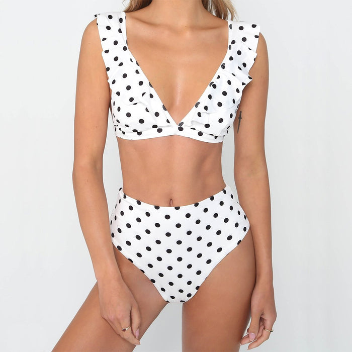 2pcs Black And White Polka Dot Print Swimsuit Sexy Ruffled Deep V-neck Bikini Set Summer Beach Womens Clothing