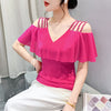 V-neck Mesh Short Sleeve Chic Off-the-shoulder Drill Buckle Top T-shirt