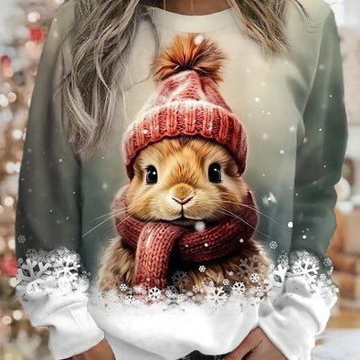 Women's Printed Rabbit Cute Round Neck Pullover Long Sleeve Sweater