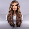 26-inch Elegant Women's Wig Brown Mixed Color Wavy Long Hair Synthetic Fiber Rose Mesh Cap Daily Wear