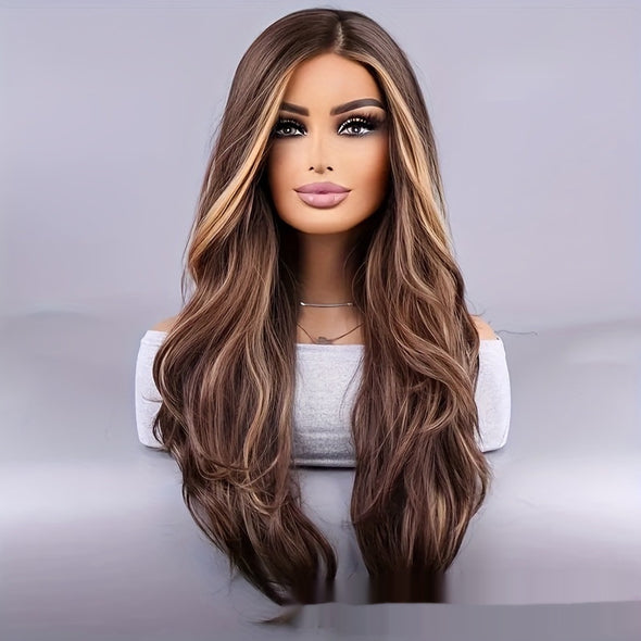 26-inch Elegant Women's Wig Brown Mixed Color Wavy Long Hair Synthetic Fiber Rose Mesh Cap Daily Wear