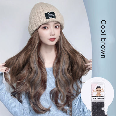 Autumn And Winter Fashion Beige Knit  Pick Dye Gradient Long Curly Hair Hundred Take Wig Hat