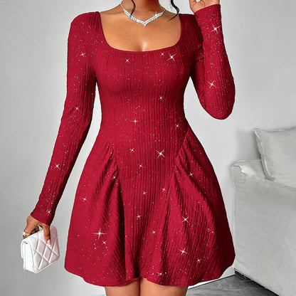 Women's Clothing Long Sleeve Square-neck Dress