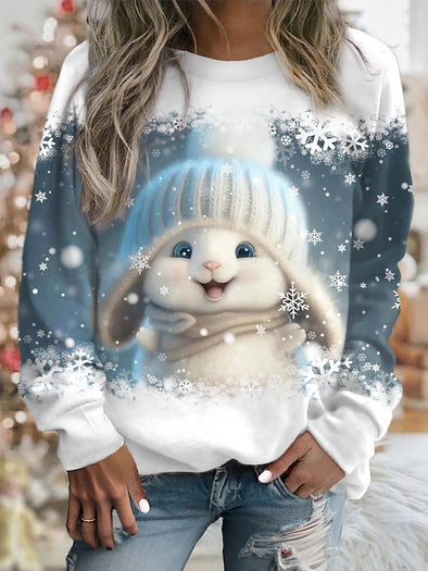 Women's Printed Rabbit Cute Round Neck Pullover Long Sleeve Sweater