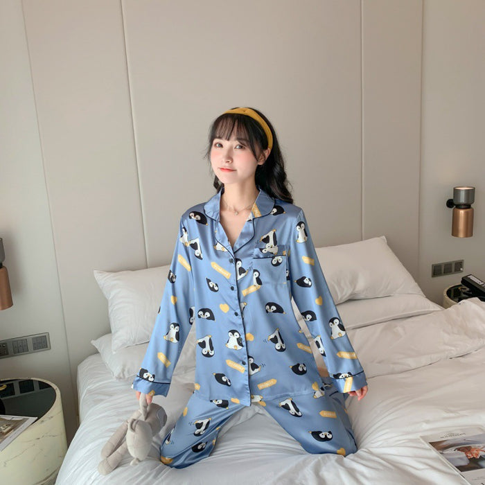Women's Cartoon Printed Stretch Long Sleeve Trousers Pajamas Two-piece Set
