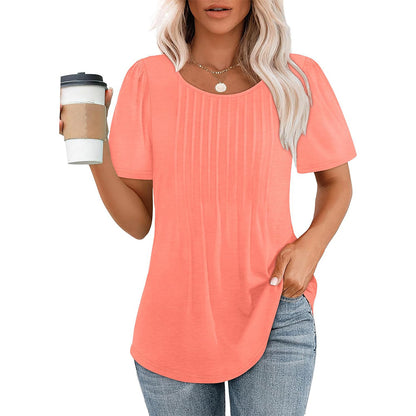 Pleated Round Neck Short-sleeved T-shirt Women's Top