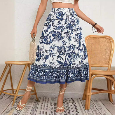 Bohemian Blue And White Porcelain Printed A- Line Skirt