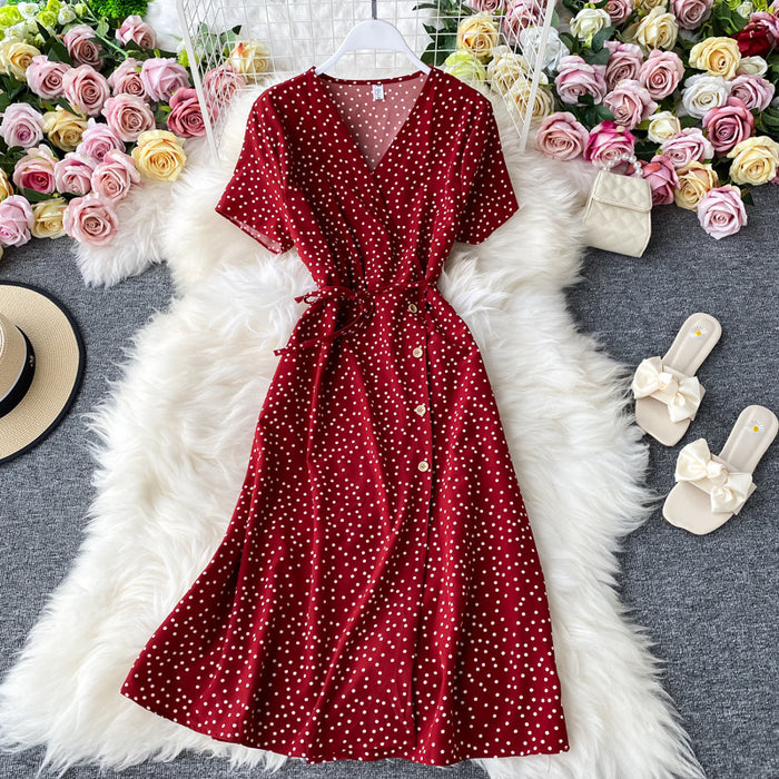 Goddess Temperament Polka Dot Chiffon Dress Waist Slimming Mature Elegant Ladies V-neck Red Dress