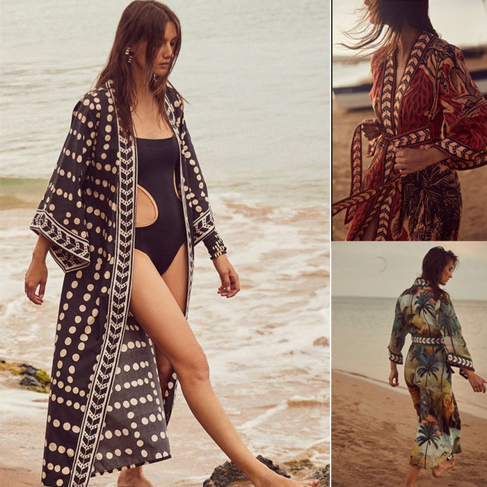 New Sunscreen Printed Long Sleeve Cardigan Bohemian Beach Dress