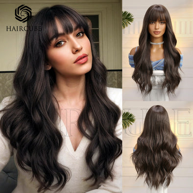 Long Curly Wig Head Cover Natural Black Bangs Big Wave Wig