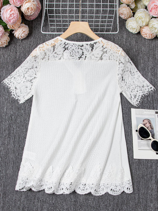 Plus Size Women's Knitted Lace Stitching Lace Short-sleeved T-shirt