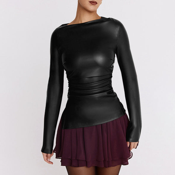 Women's Pleated Long-sleeved Leather Top