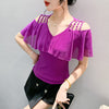 V-neck Mesh Short Sleeve Chic Off-the-shoulder Drill Buckle Top T-shirt