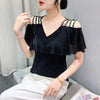 V-neck Mesh Short Sleeve Chic Off-the-shoulder Drill Buckle Top T-shirt