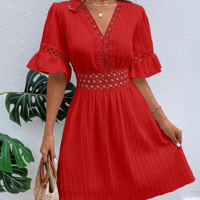 Patchwork Lace Fashion V-neck Tight Waist Solid Color Dress