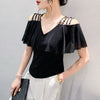 V-neck Mesh Short Sleeve Chic Off-the-shoulder Drill Buckle Top T-shirt