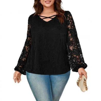 European And American Loose Lace Top Cross V-neck Solid Color Top